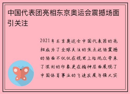 中国代表团亮相东京奥运会震撼场面引关注 中国代表团亮相东京奥运会震撼场面引关注